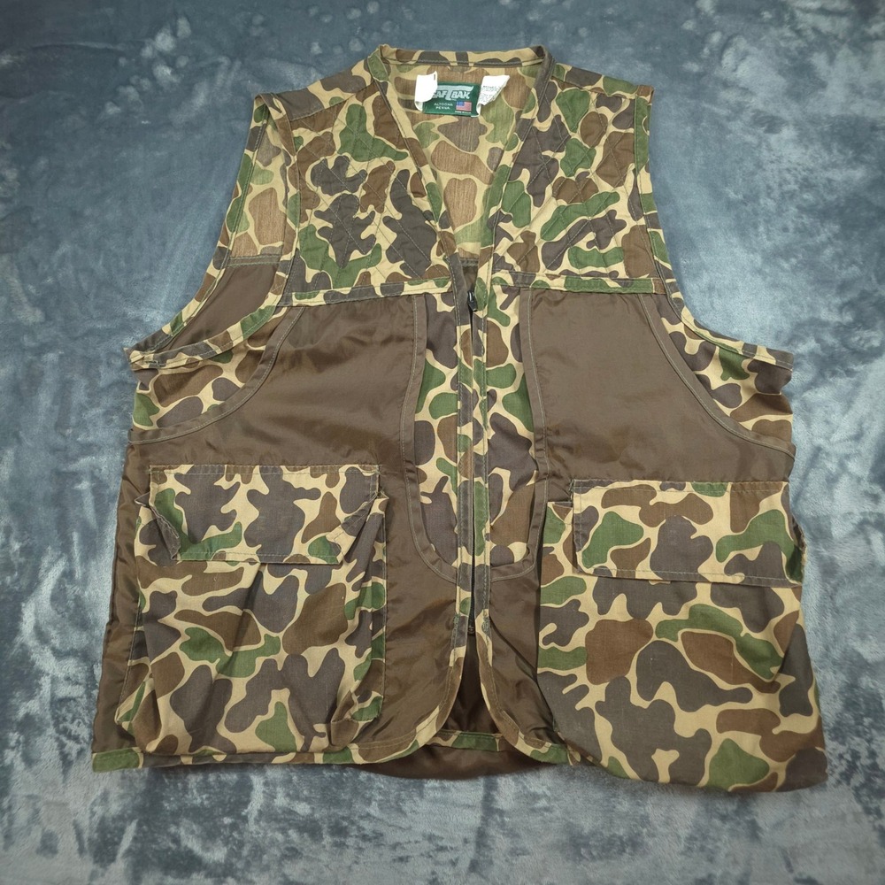 Vintage Saf-T-Bak Hunting Vest Mens Large Camo Duck Hunter Made in USA Zip Front